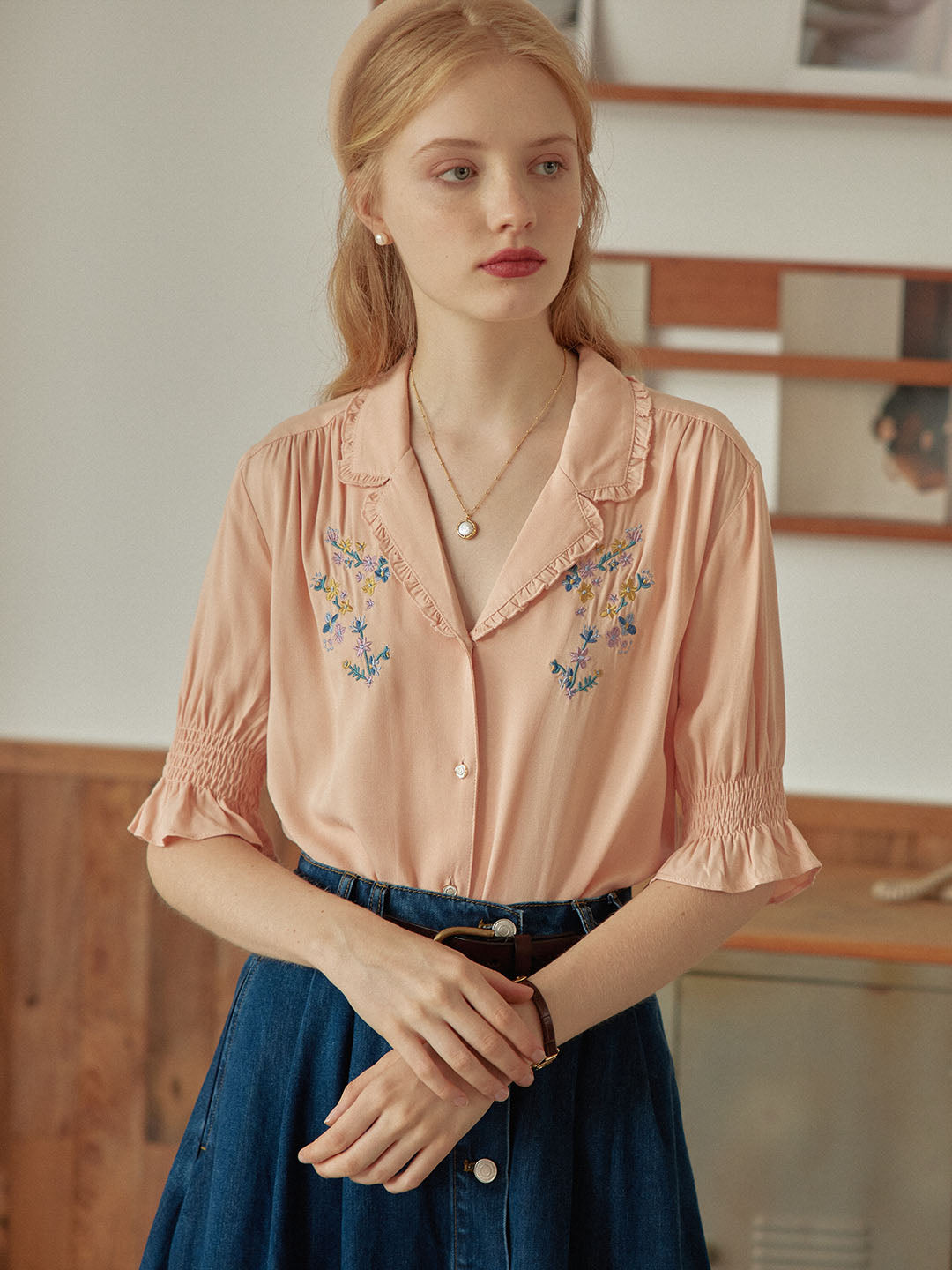 Alicia Floral Embroidery V-Neck Orange Blouse/SIMPLERETRO