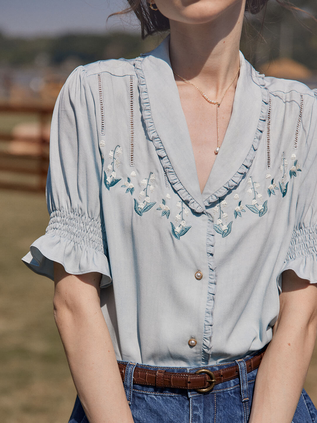 【Final Sale】Alicia Floral Embroidery V-Neck Blouse