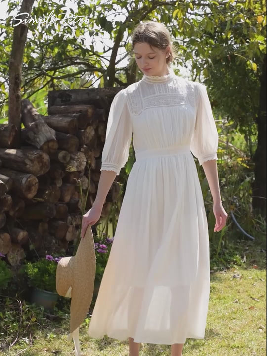 Cottagecore Dresses – Aesthetic, Granny, Vintage Averie Lace Panel White Dress  AT vintagedancer.com