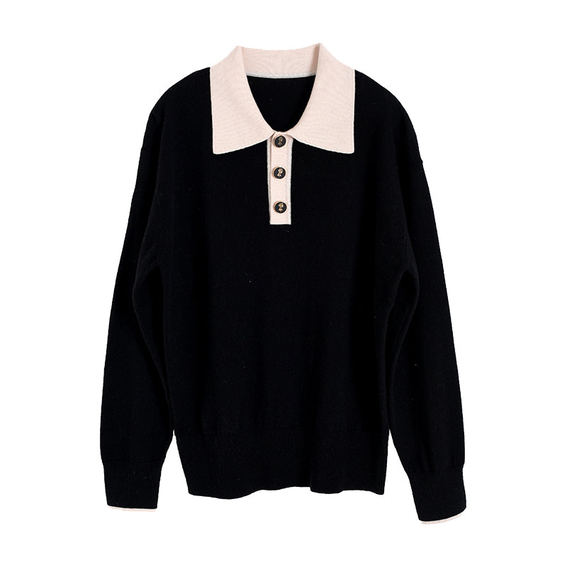 Selena Polo Contrast Collar 100% Wool Knit Sweater/Simple Retro/11519