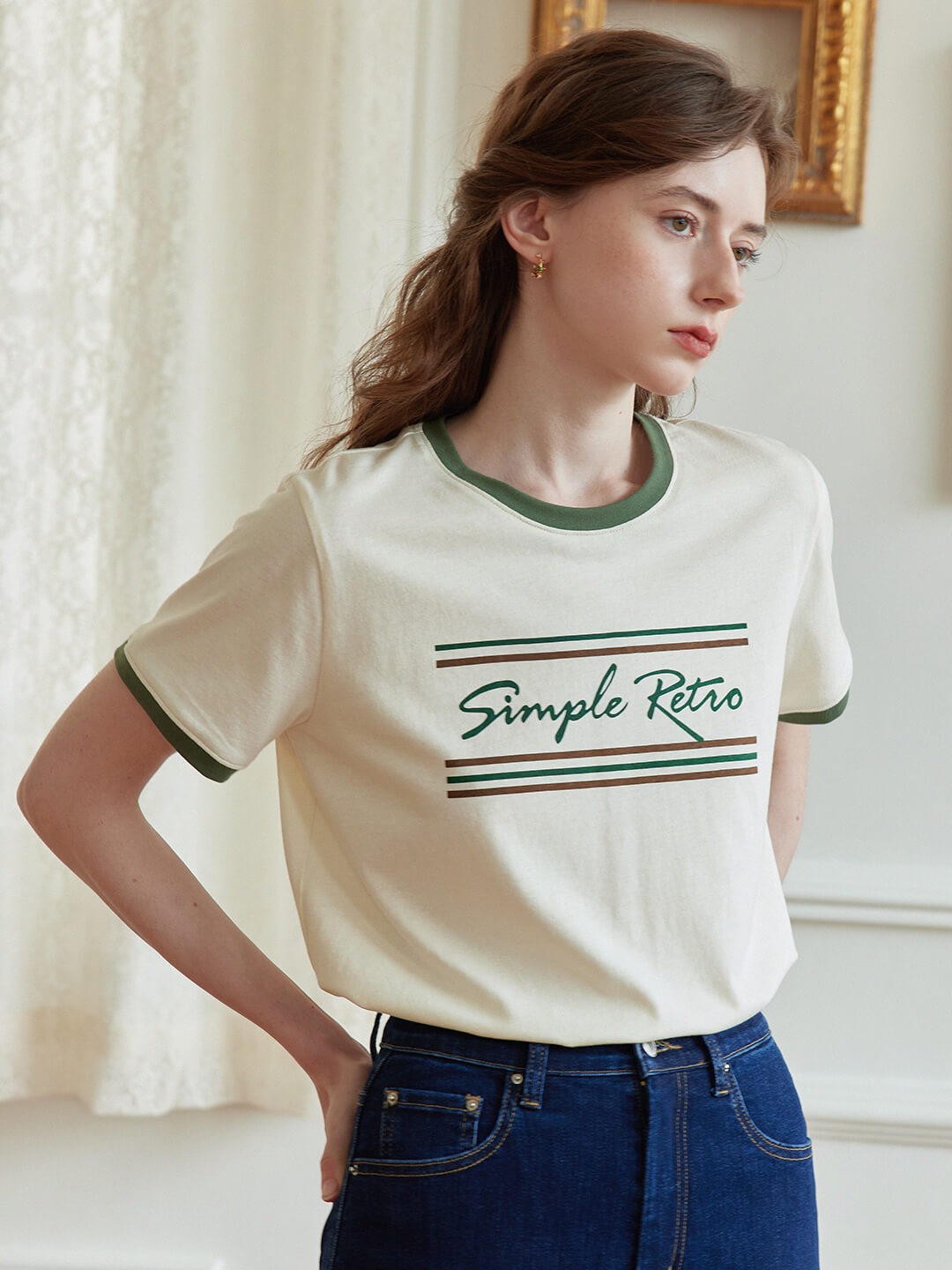 Maya Logo Printed Vintage T-Shirt/Simple Retro/1200046