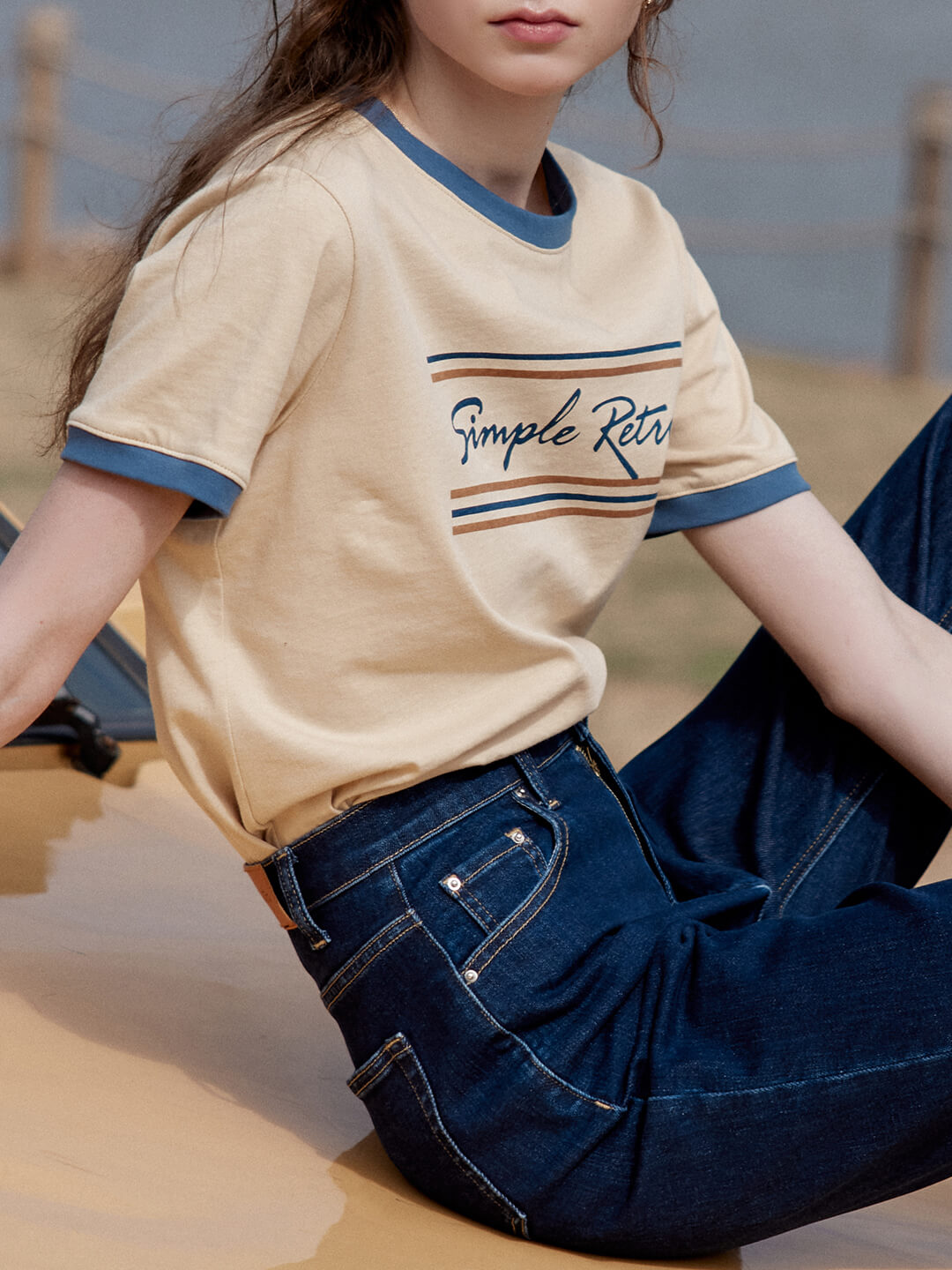 Maya Logo Printed Vintage T-Shirt/Simple Retro/1200046