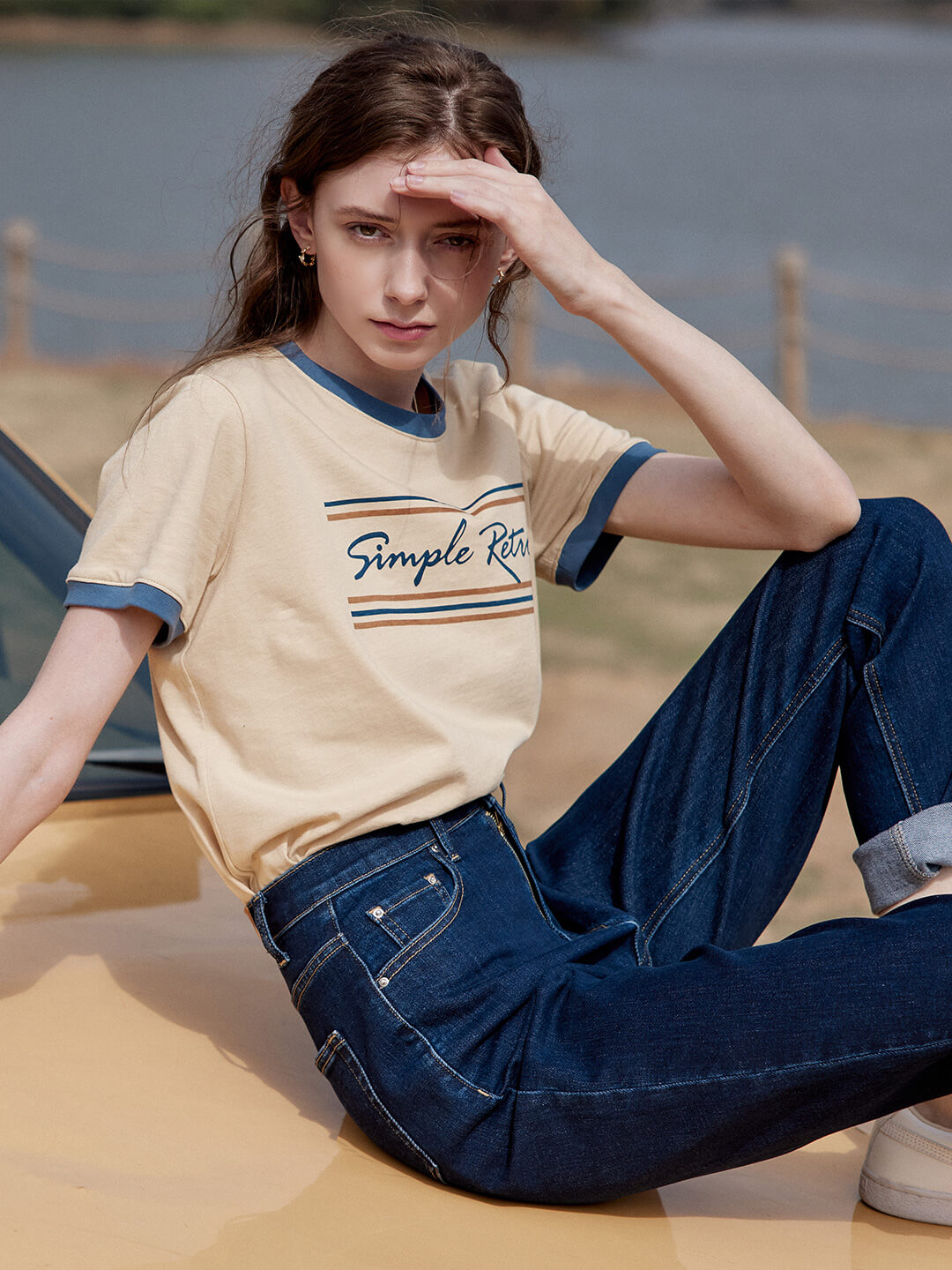 Maya Logo Printed Vintage T-Shirt/Simple Retro/1200046
