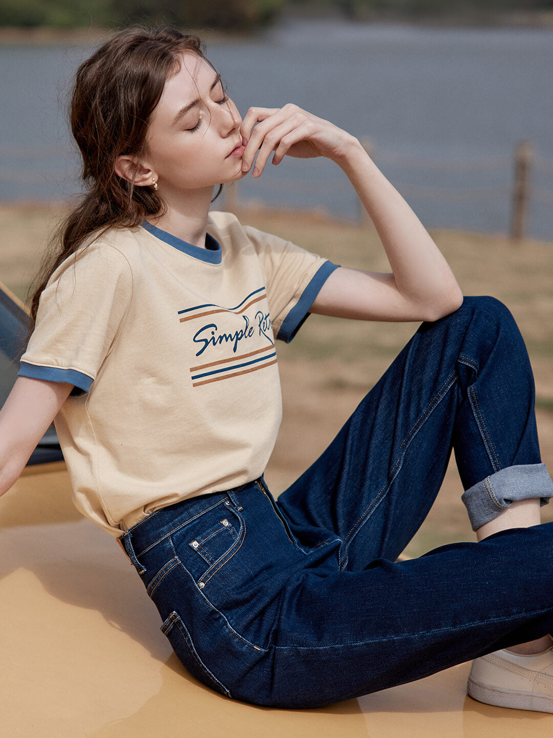 Maya Logo Printed Vintage T-Shirt/Simple Retro/1200046
