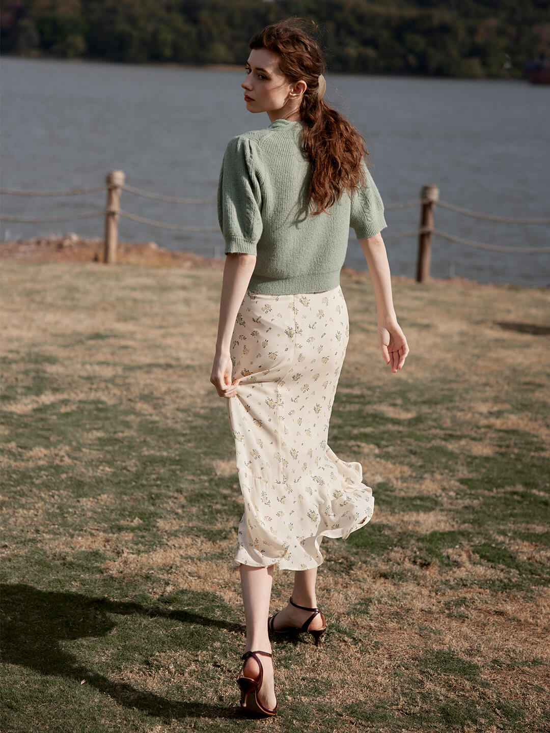 Iliana Ruffle Floral Printed Apricot Midi Skirt/Simple Retro/11319