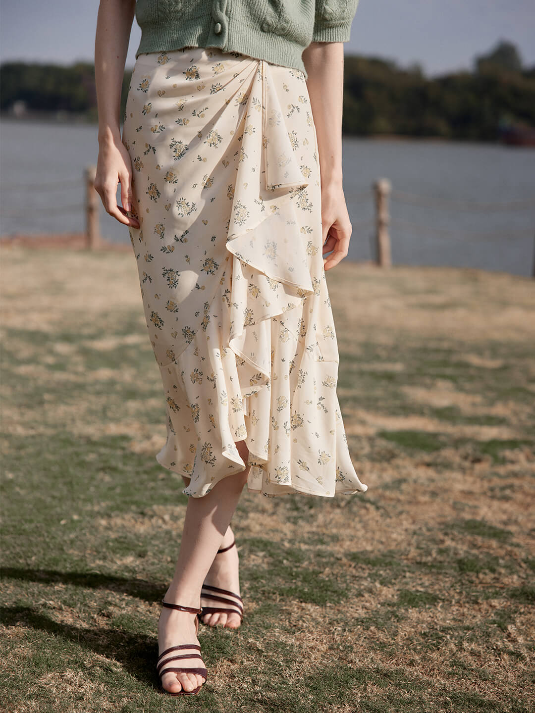 Iliana Ruffle Floral Printed Apricot Midi Skirt/Simple Retro/11319