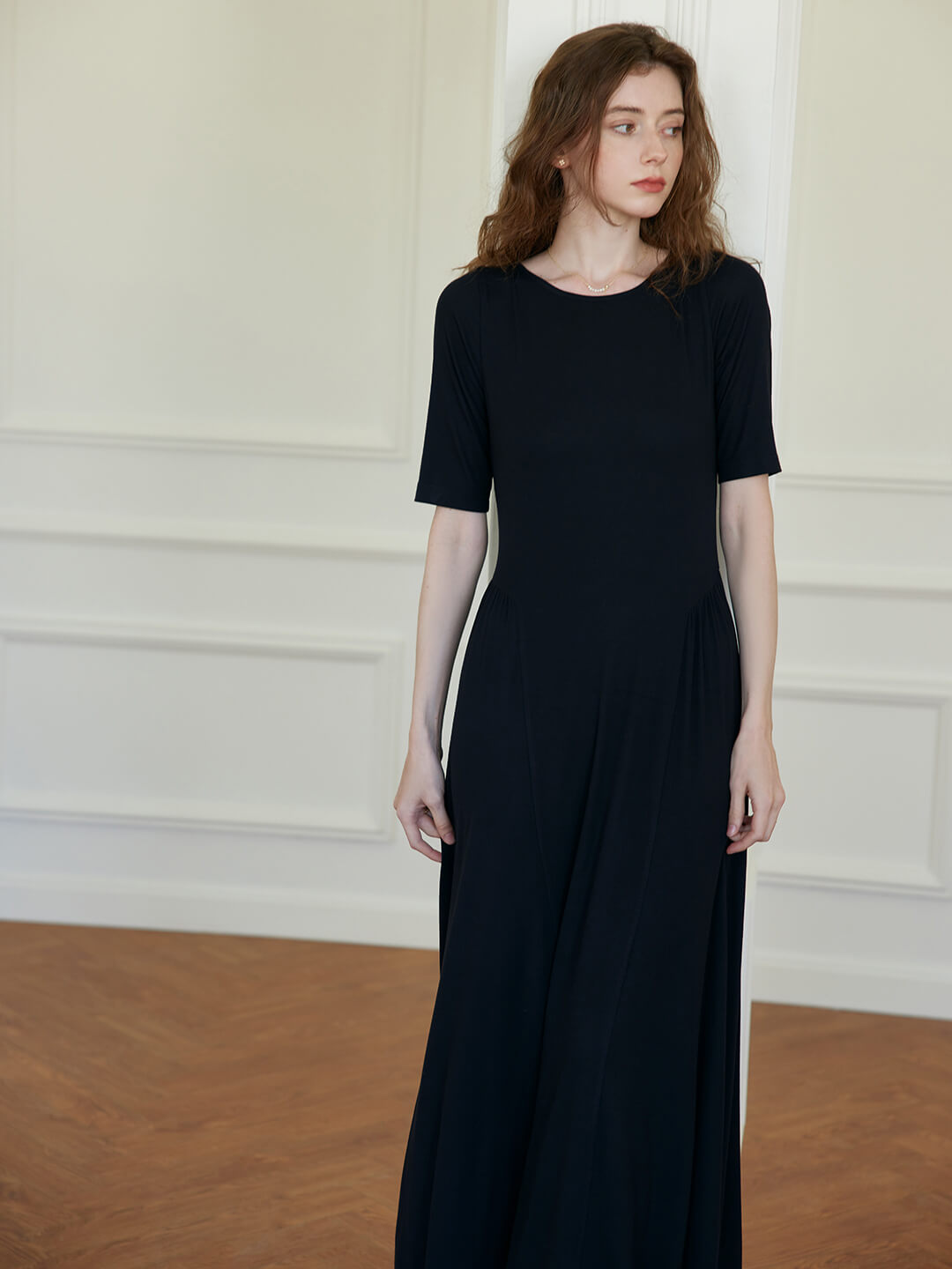 Joanna Back Lace-up Black Knitted Midi Dress/Simple Retro/55178