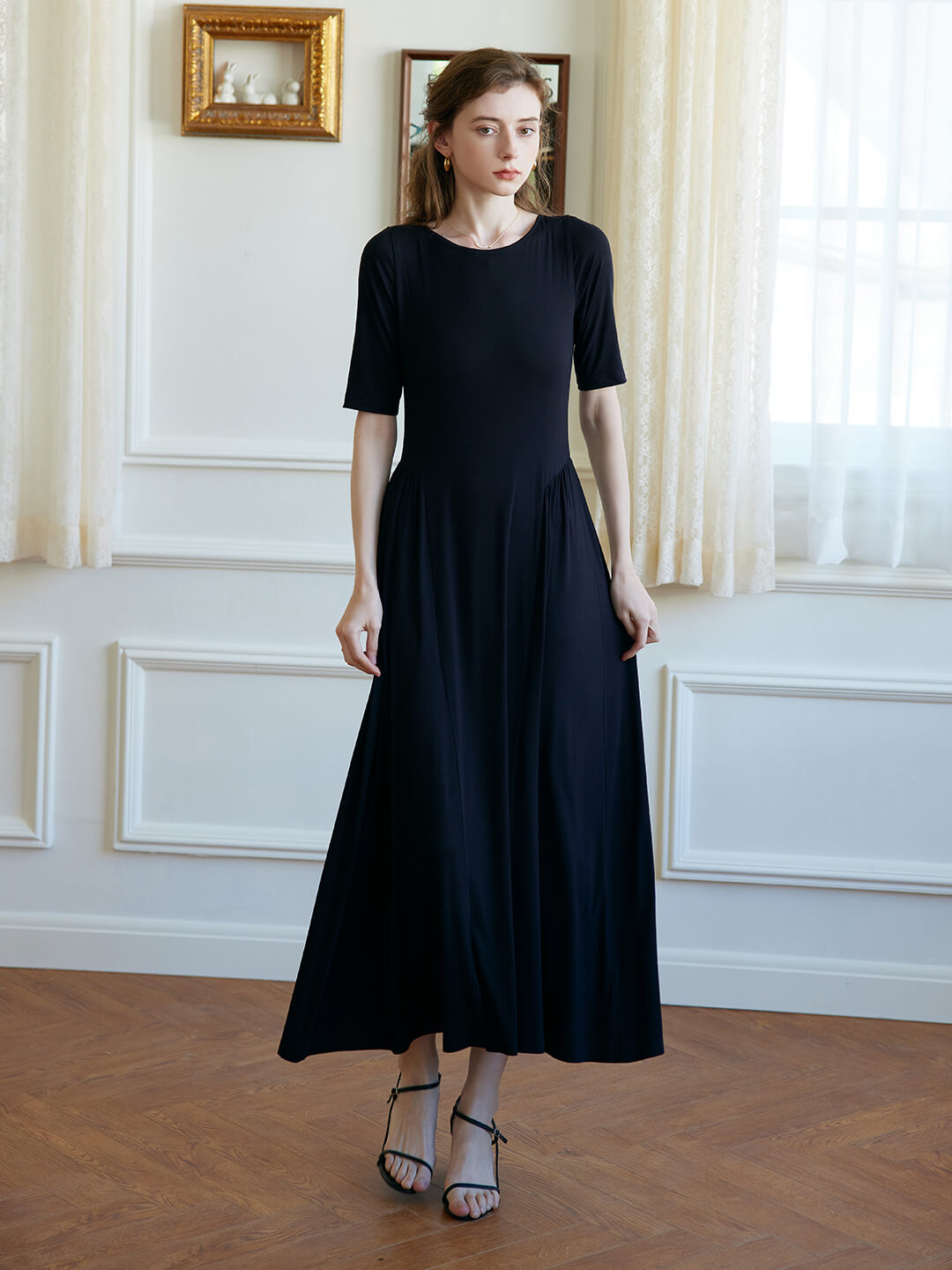 Joanna Back Lace-up Black Knitted Midi Dress/Simple Retro/55178