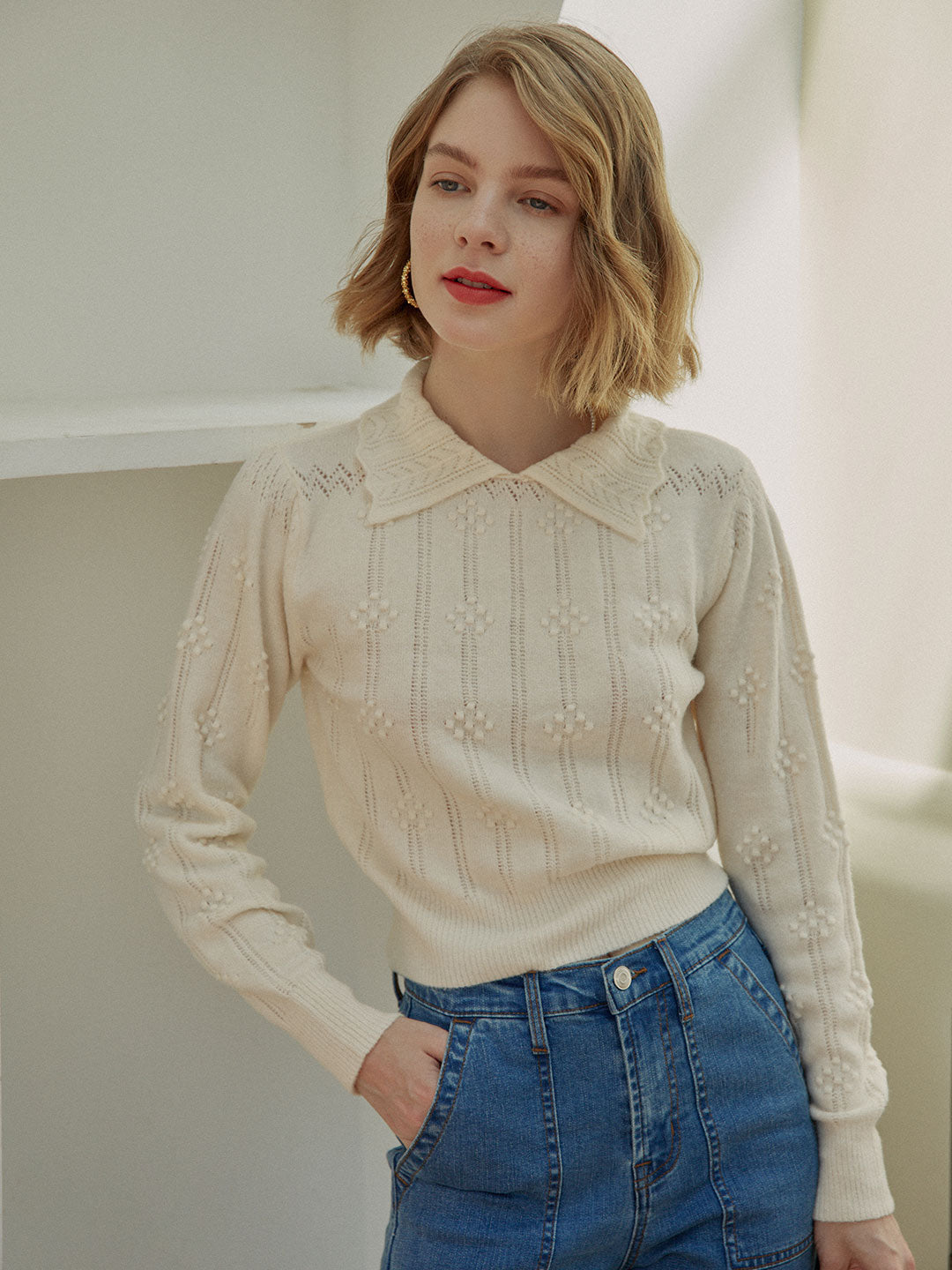 Jasmine Cable Polo White Knit Sweater/simpleretro