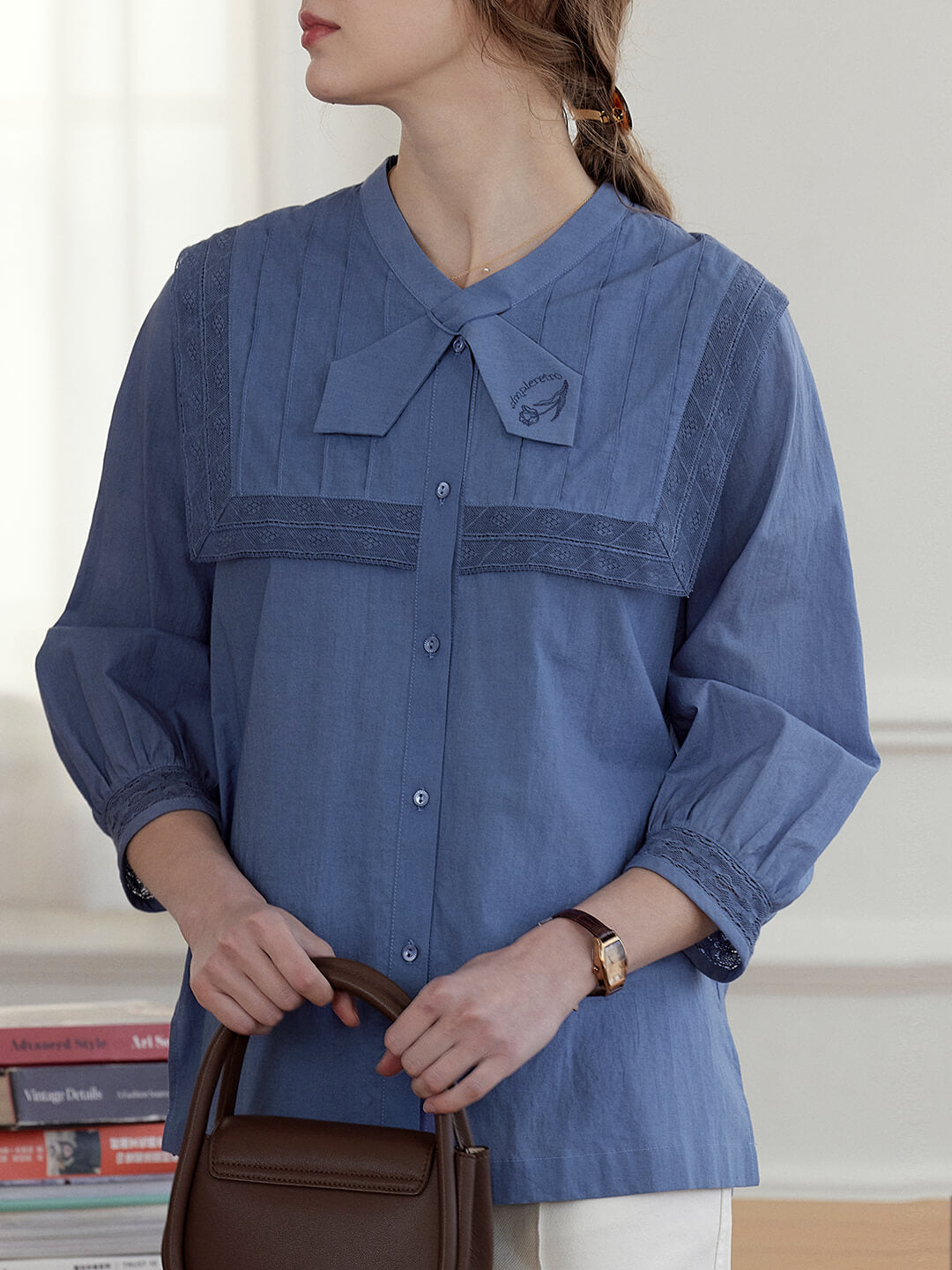 Adelina Navy Collar Embroidered 3/4 Sleeve Blouse
