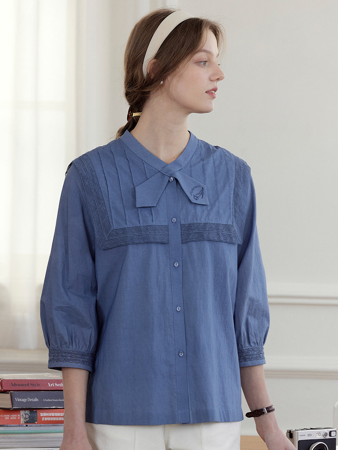 Adelina Navy Collar Embroidered 3/4 Sleeve Blouse