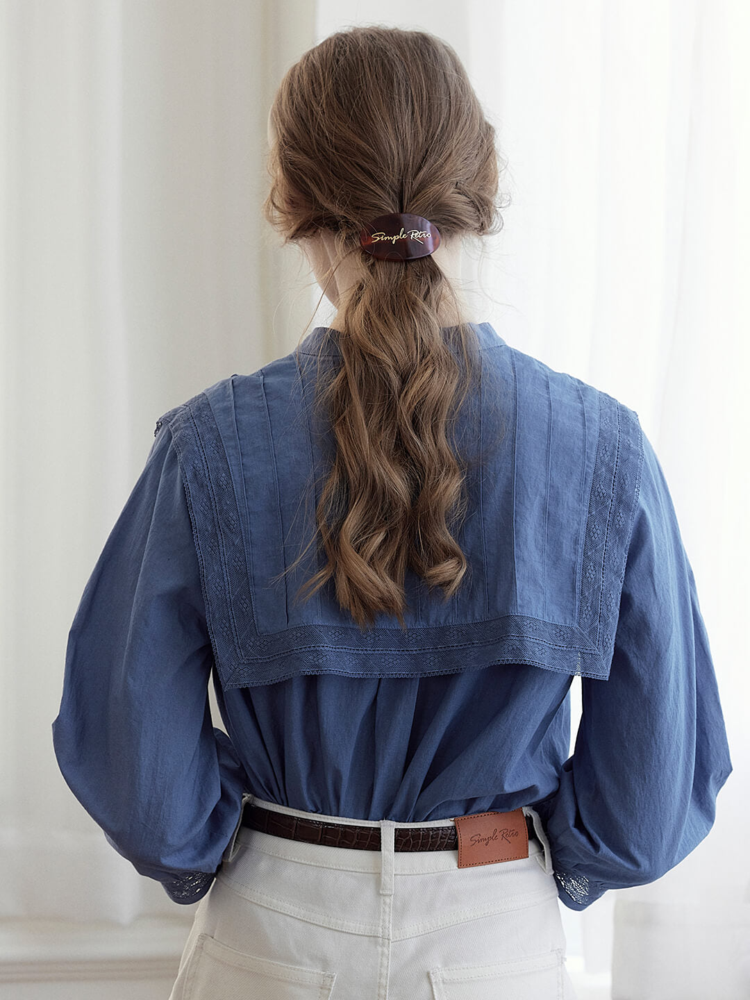 Adelina Navy Collar Embroidered 3/4 Sleeve Blouse