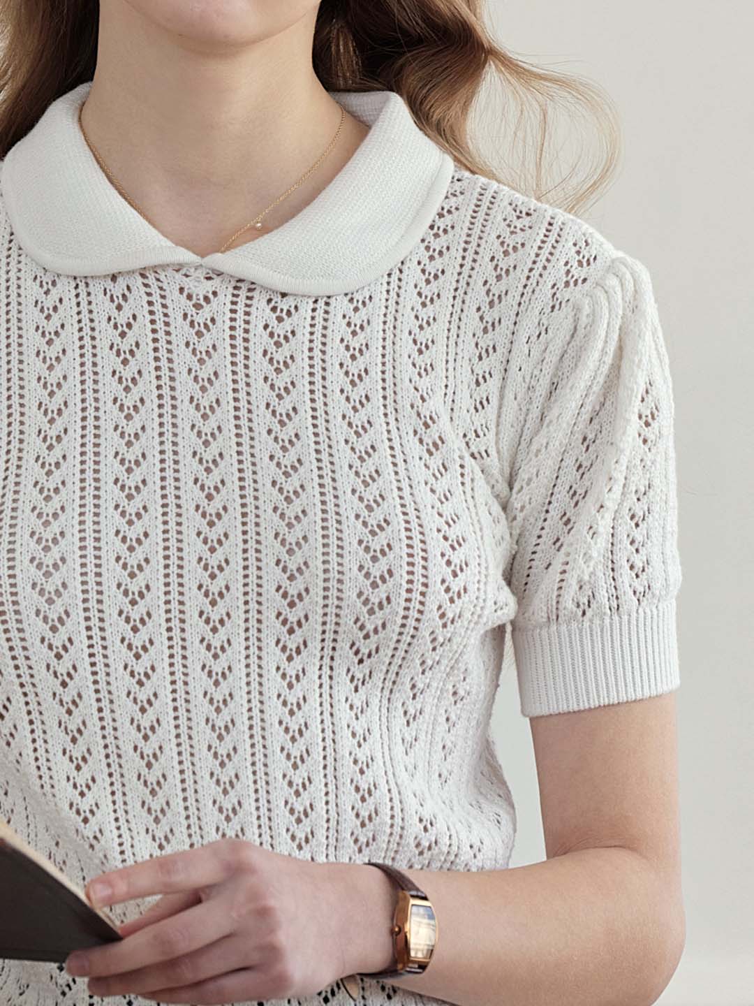 Kamryn Small Lapel Hollow Short Sleeve Knit Top
