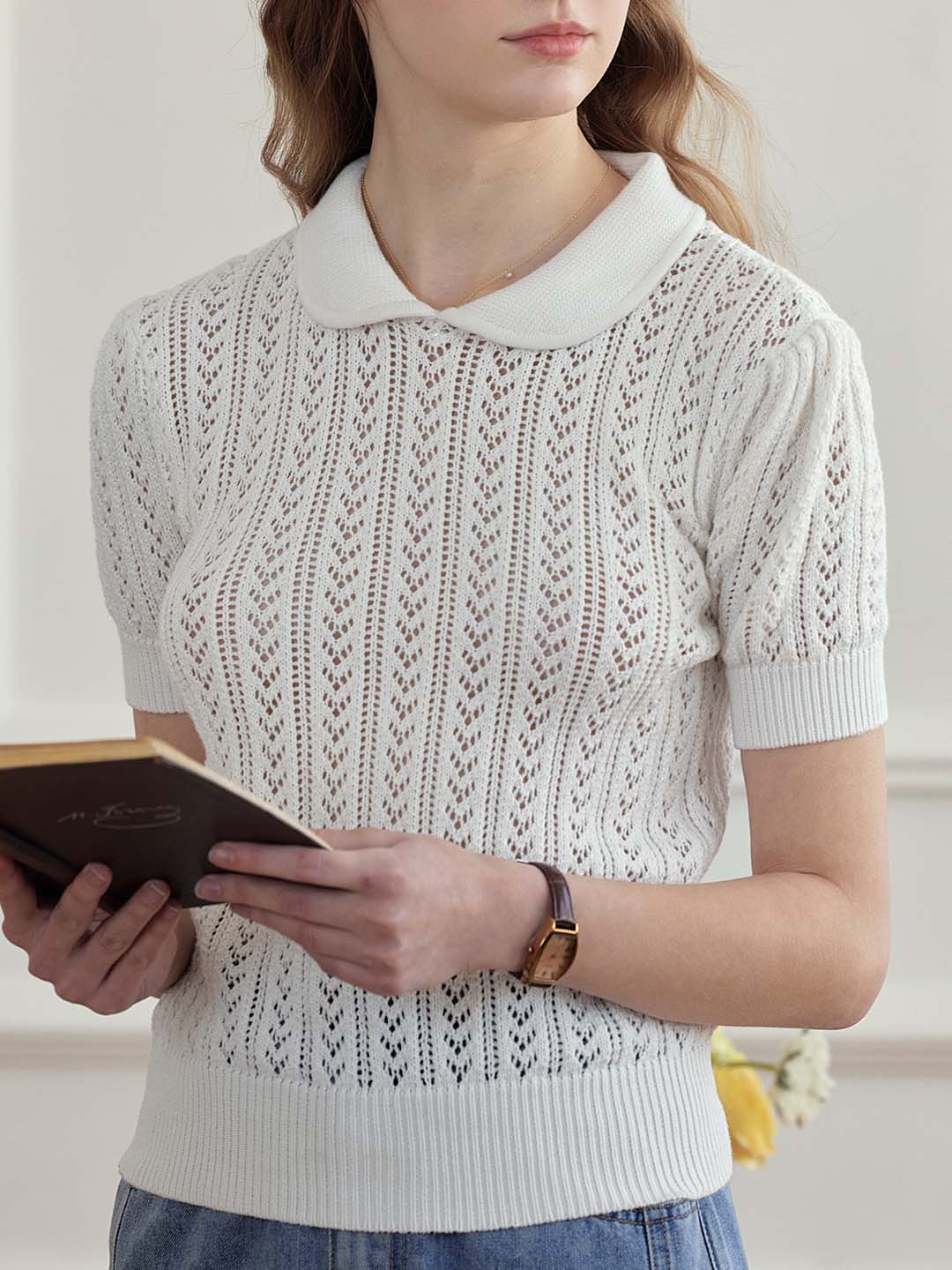 Kamryn Small Lapel Hollow Short Sleeve Knit Top