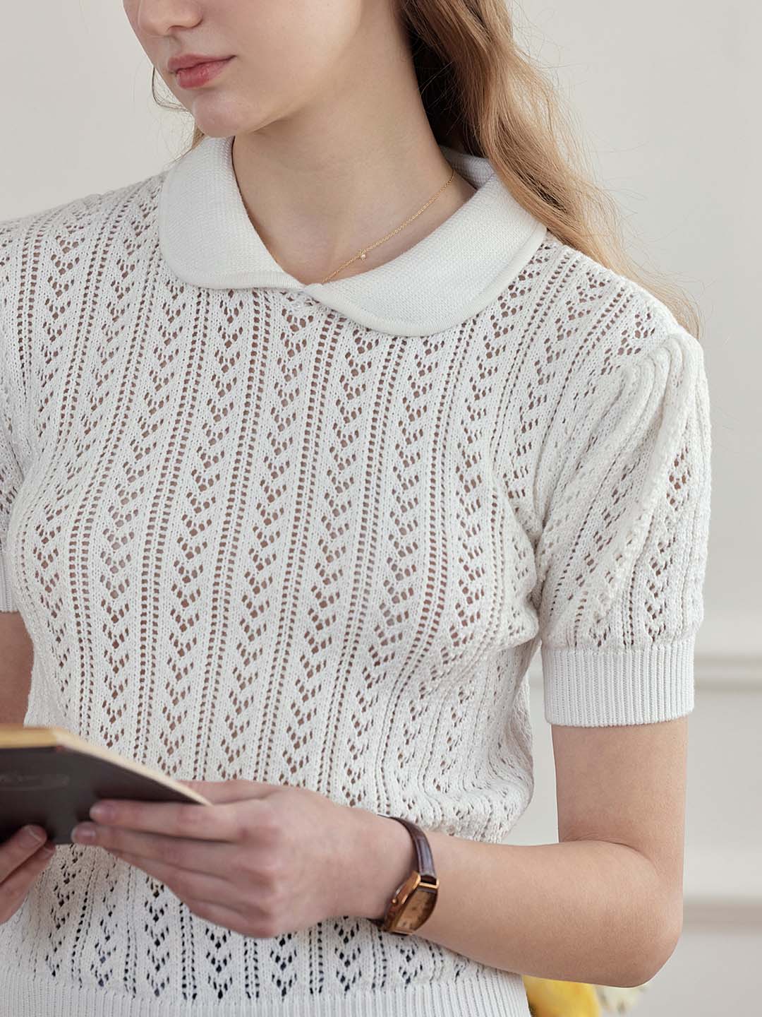 Kamryn Small Lapel Hollow Short Sleeve Knit Top