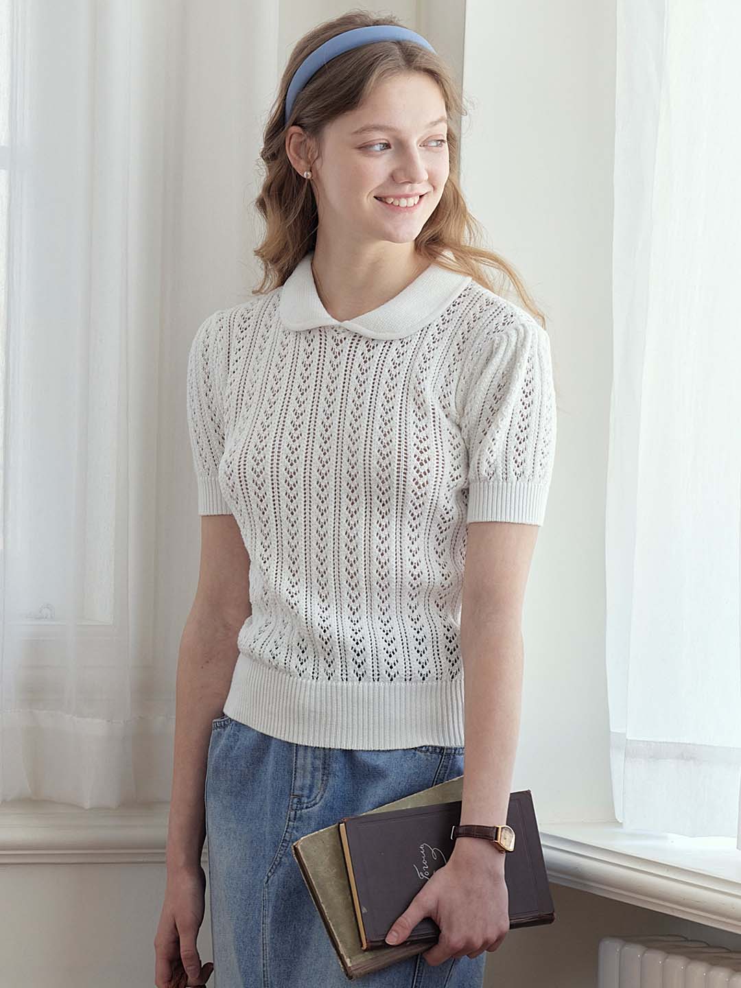 Kamryn Small Lapel Hollow Short Sleeve Knit Top