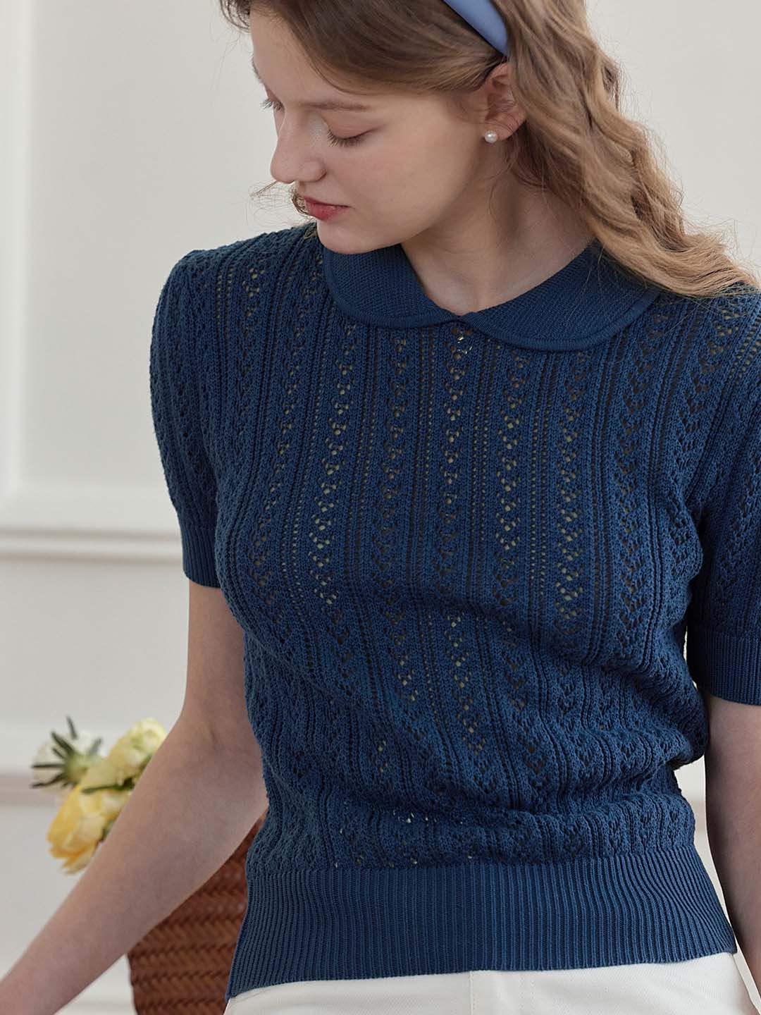 Kamryn Small Lapel Hollow Short Sleeve Knit Top