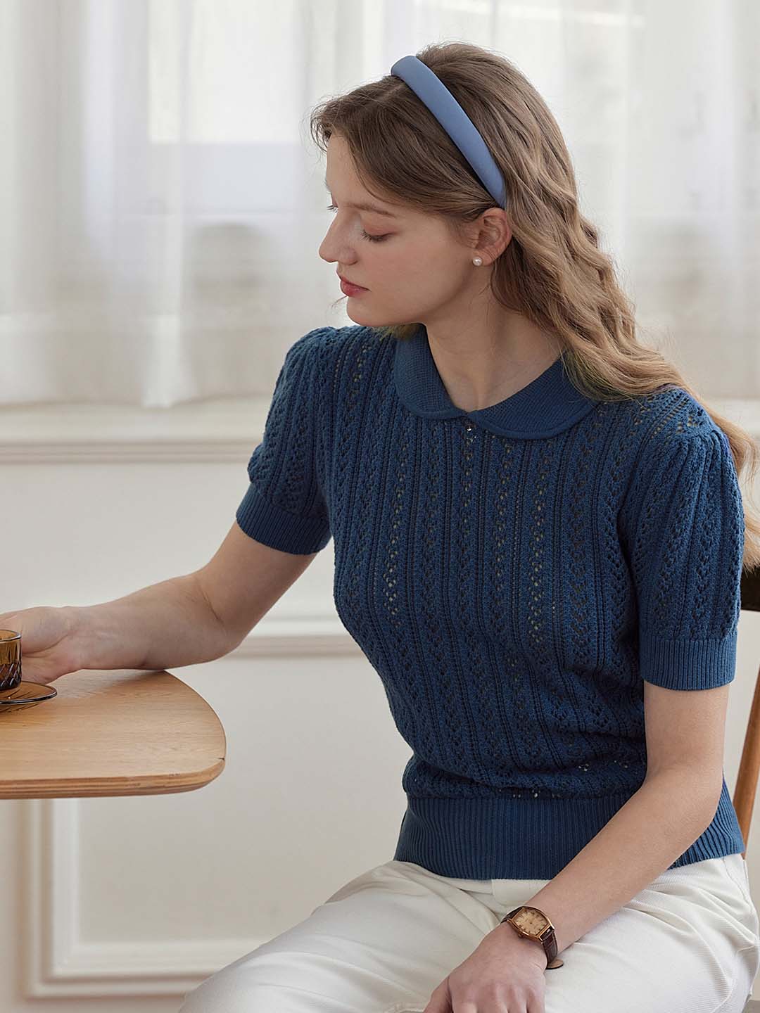 Kamryn Small Lapel Hollow Short Sleeve Knit Top
