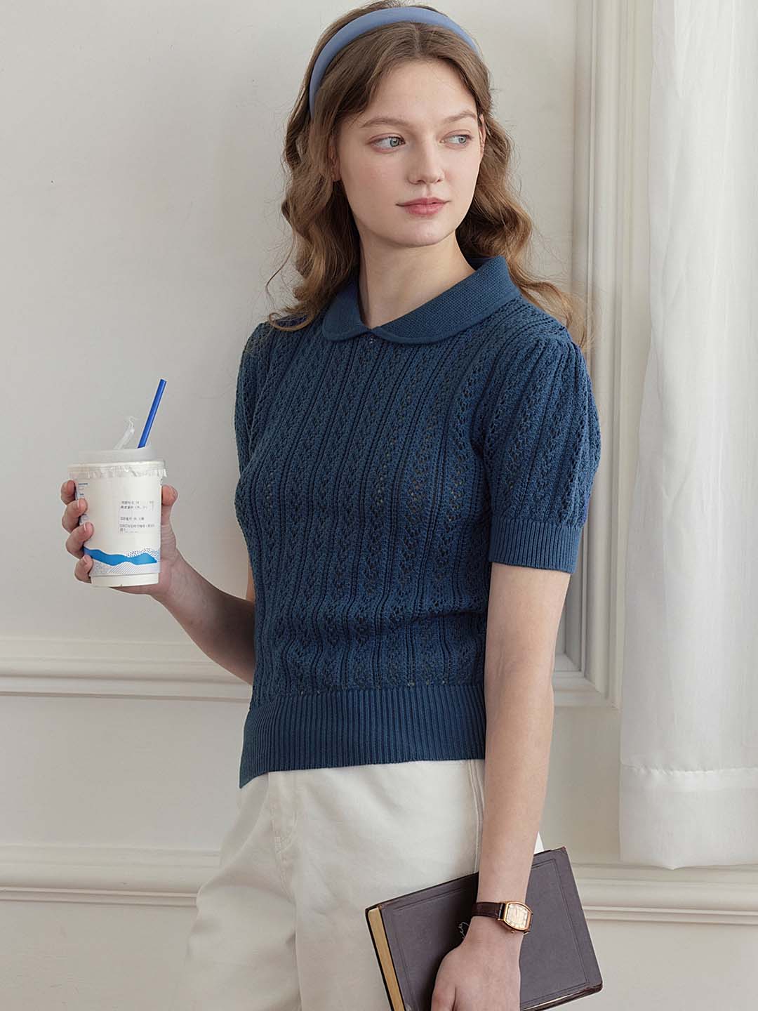 Kamryn Small Lapel Hollow Short Sleeve Knit Top