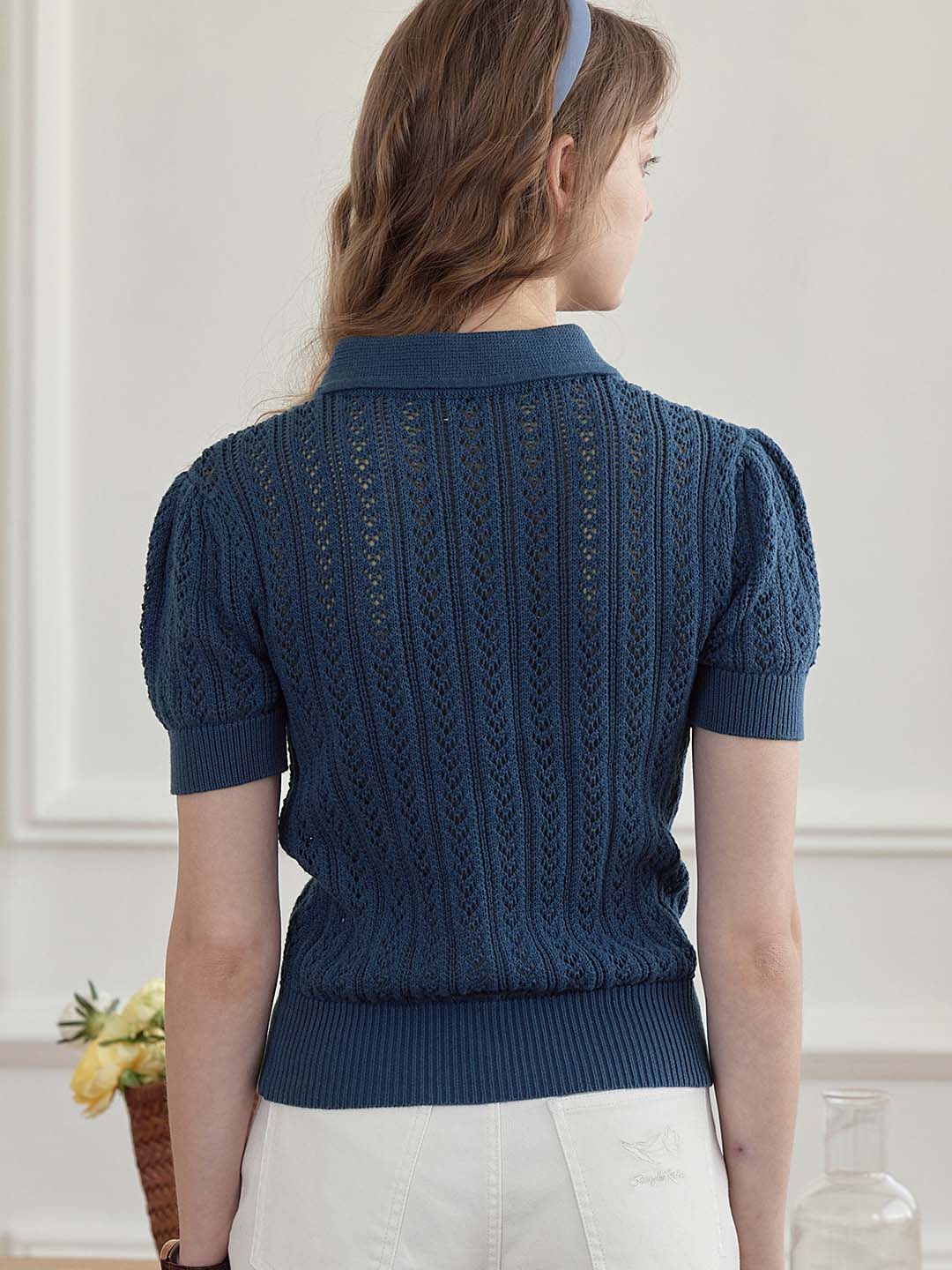 Kamryn Small Lapel Hollow Short Sleeve Knit Top