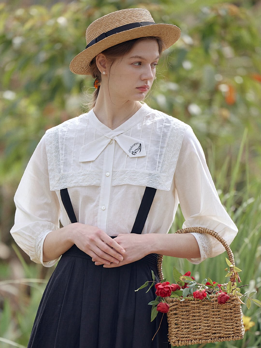 Adelina Navy Collar Embroidered 3/4 Sleeve Blouse
