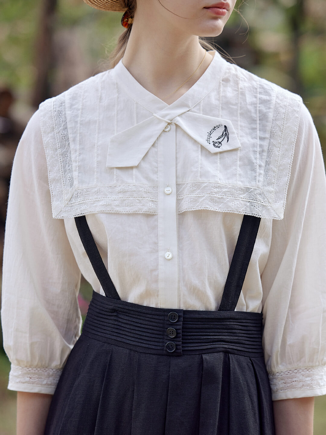 Adelina Navy Collar Embroidered 3/4 Sleeve Blouse