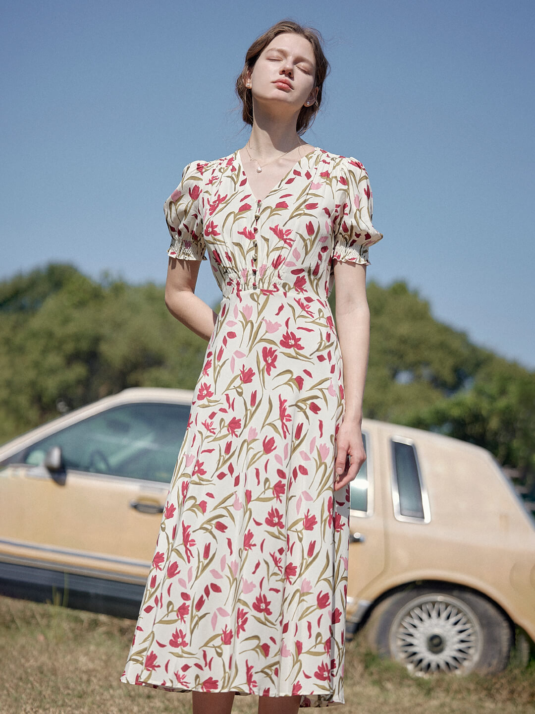 Bianca V-Neck Tulip Puff Sleeve Dress