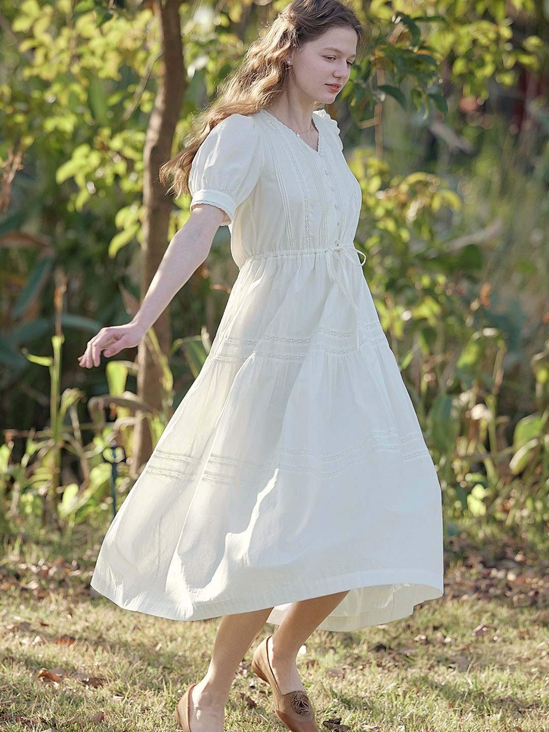 Hattie V-Neck Puff Sleeve Lace Panel Dress