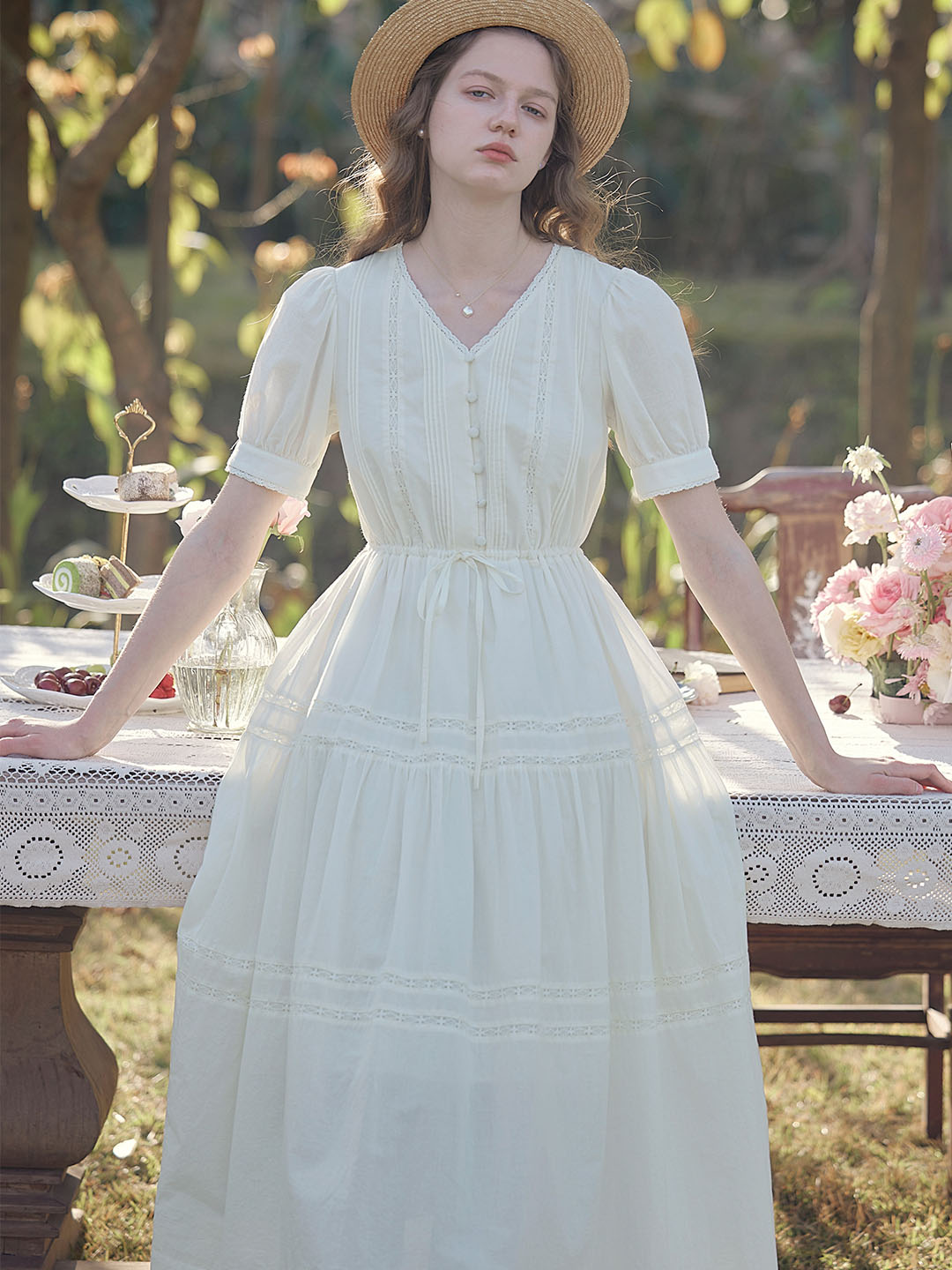 Hattie V-Neck Puff Sleeve Lace Panel Dress