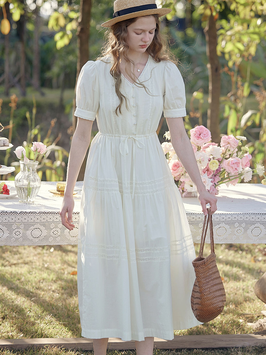 Hattie V-Neck Puff Sleeve Lace Panel Dress