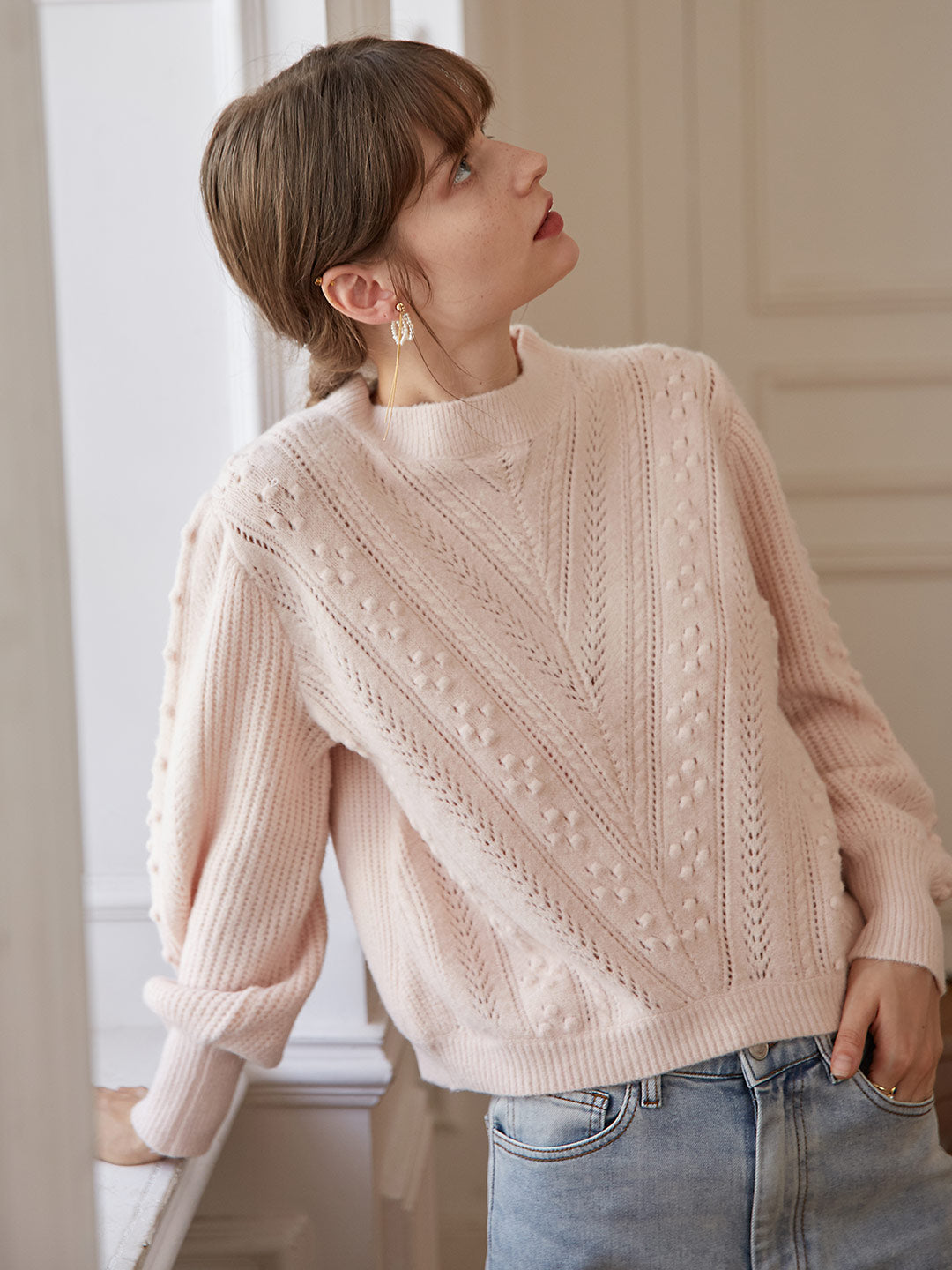 Aimee Cable Chunky Puff Sleeved Creamy Pink Knit Sweater 2026