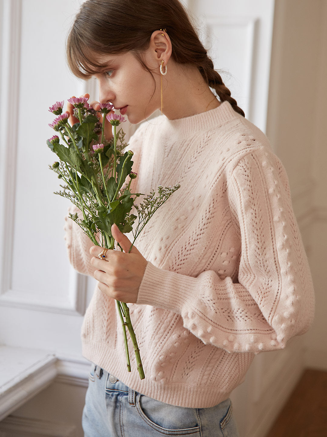 Aimee Cable Chunky Puff Sleeved Creamy Pink Knit Sweater 2026