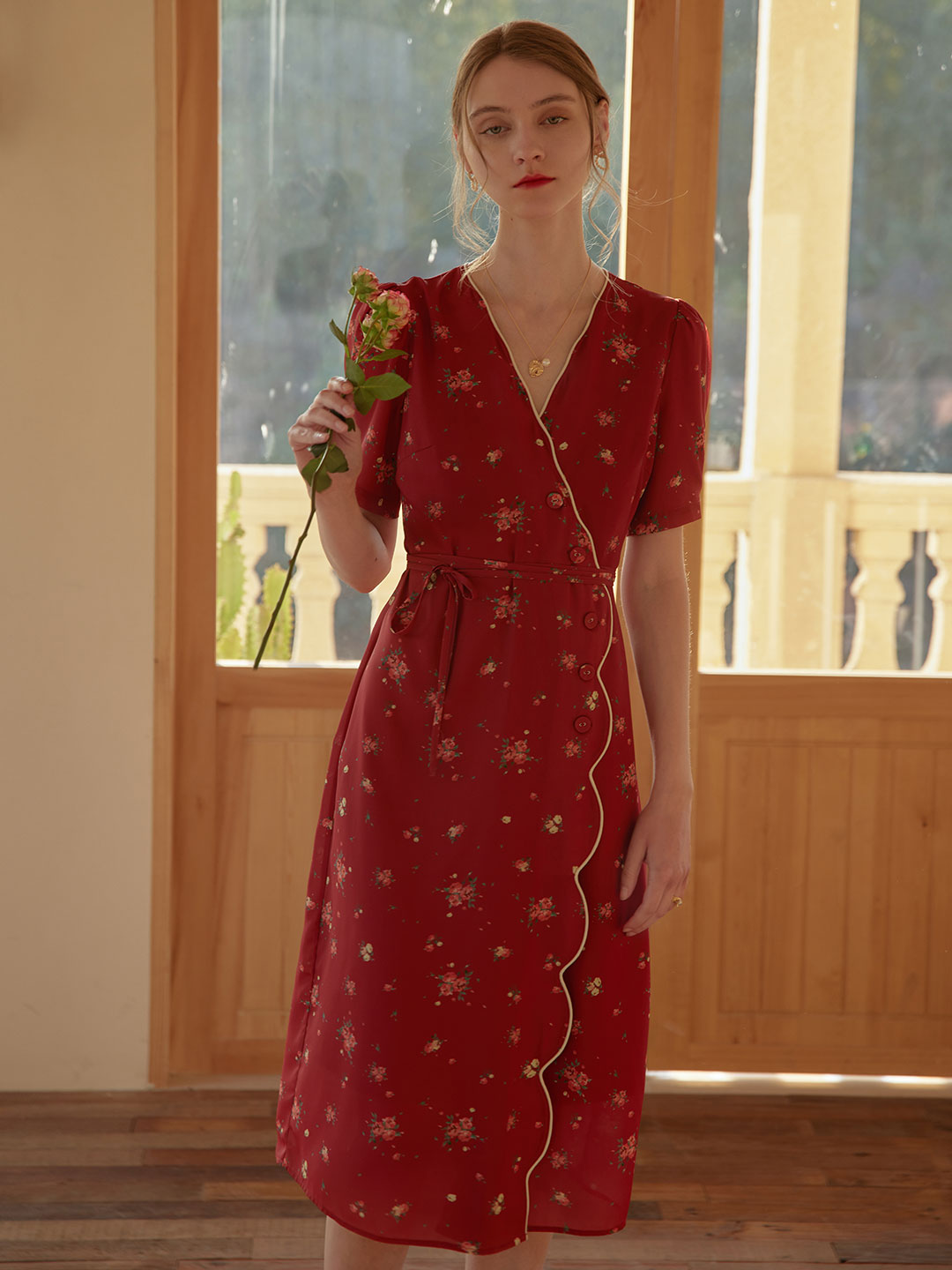 Kimura Floral-Print Midi Dress/Simple Retro/11193