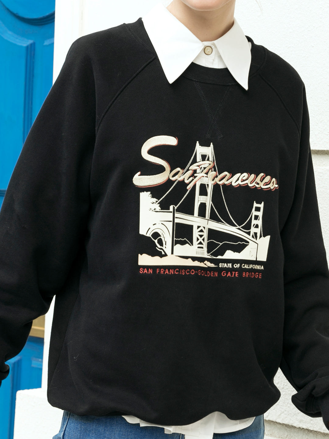 Lola Graphic Embroidery Crewneck Black Fleece Sweatshirt/Simple Retro/55152