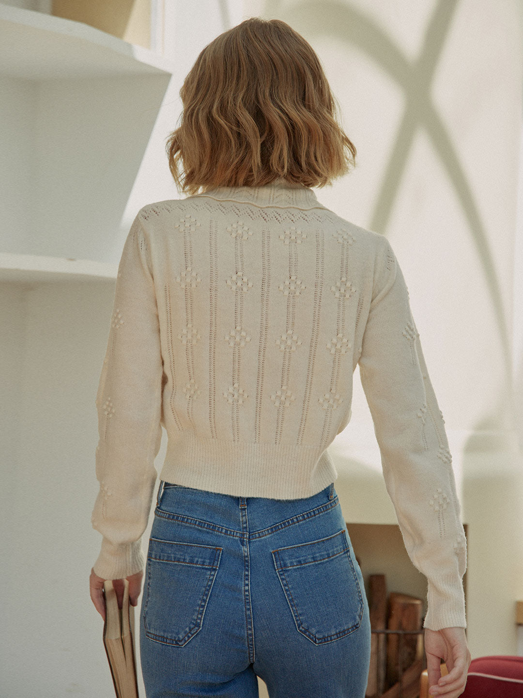 Jasmine Cable Polo White Knit Sweater