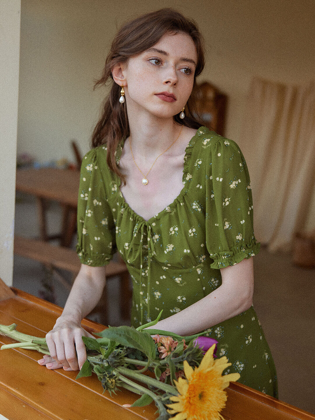 Magnolia Printed Floral Green Midi Dress/Simple Retro/11322