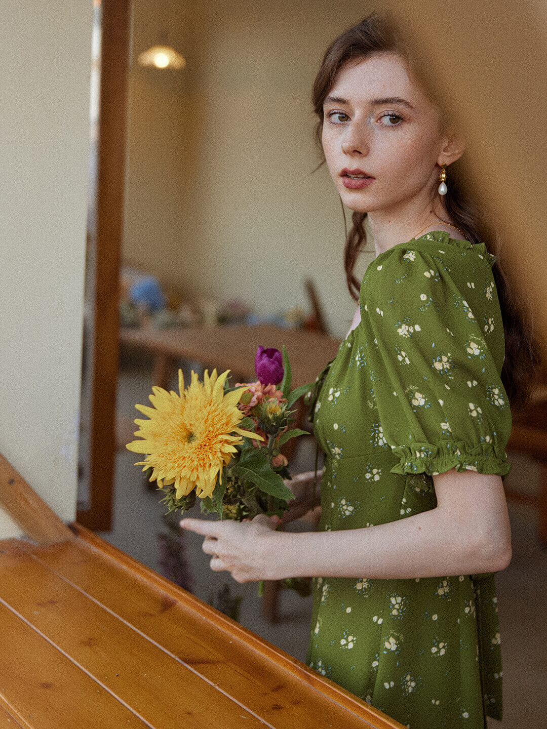 Magnolia Printed Floral Green Midi Dress/Simple Retro/11322