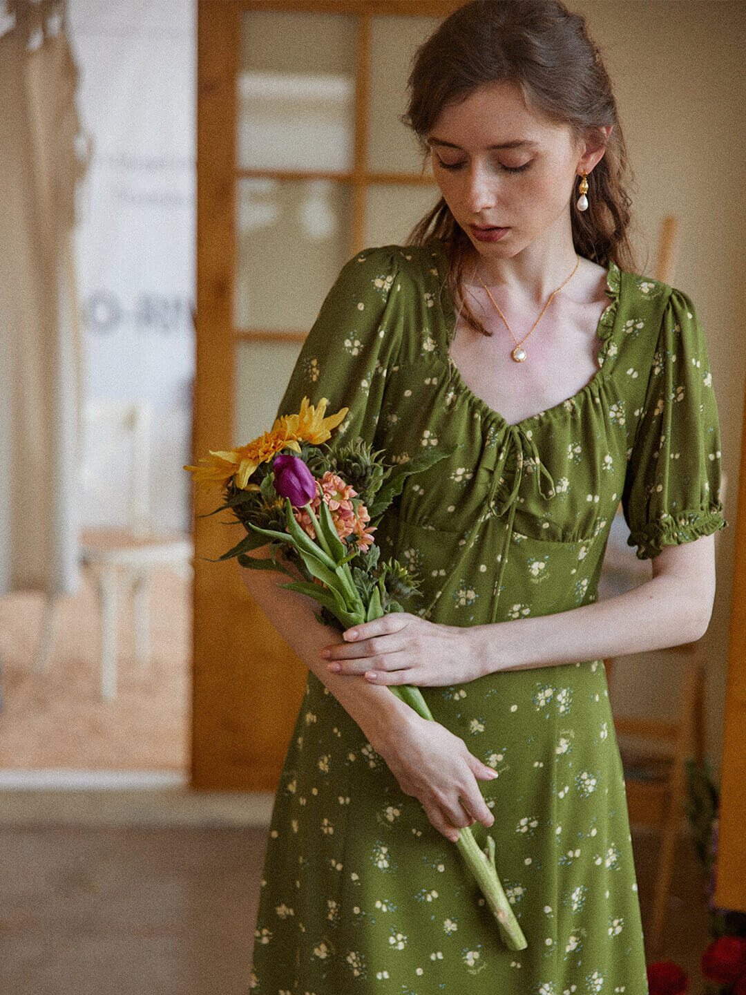 Magnolia Printed Floral Green Midi Dress/Simple Retro/11322