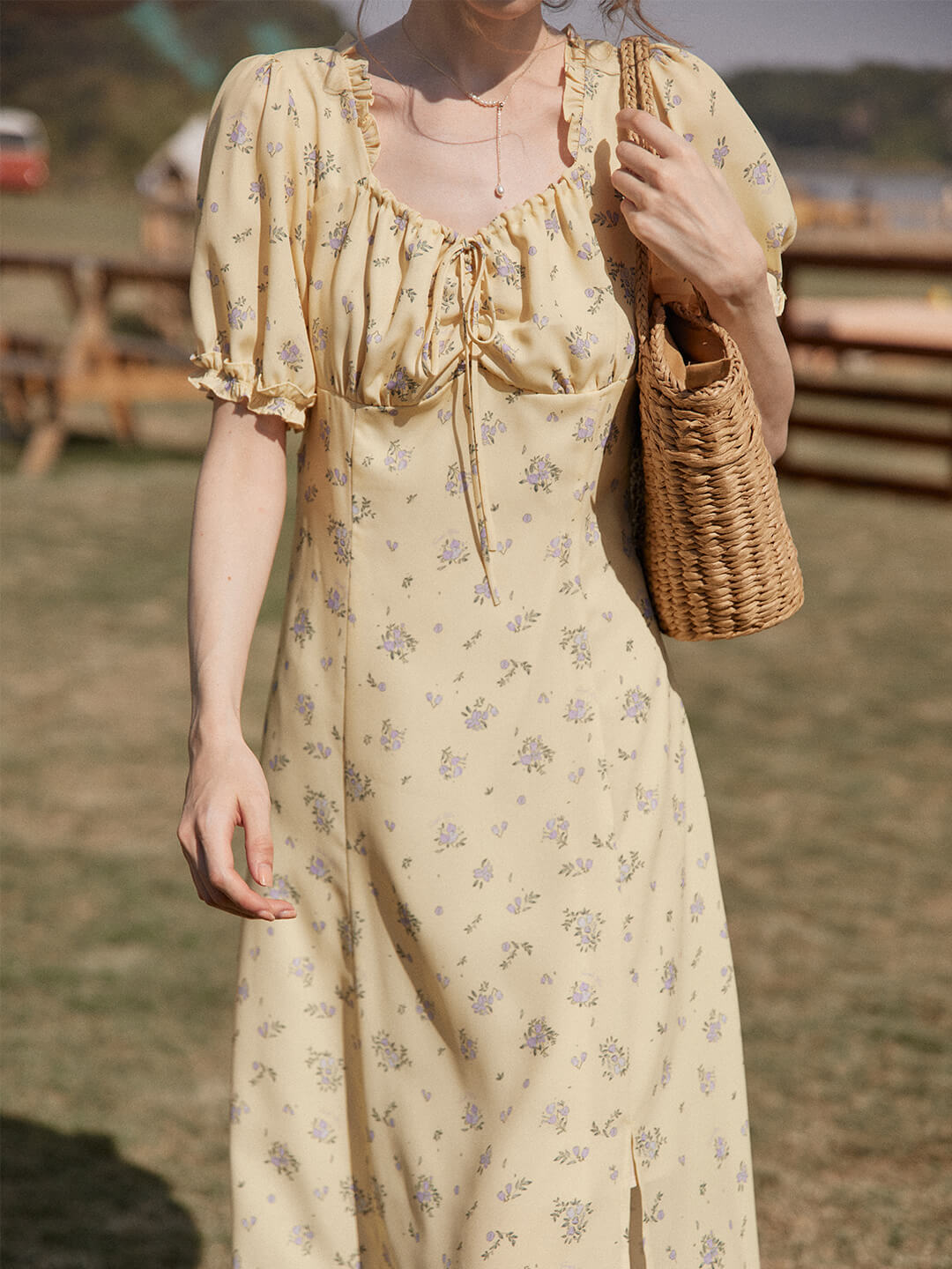 Simple Retro Magnolia Printed Floral Midi Dress - Yellow