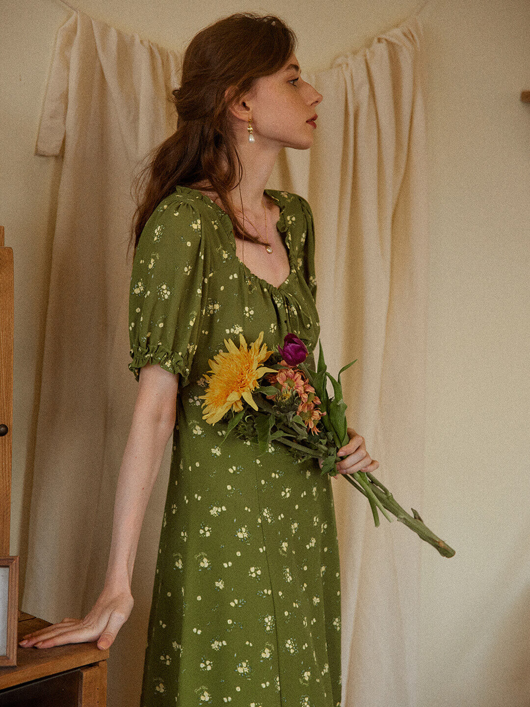 Magnolia Printed Floral Green Midi Dress/Simple Retro/11322