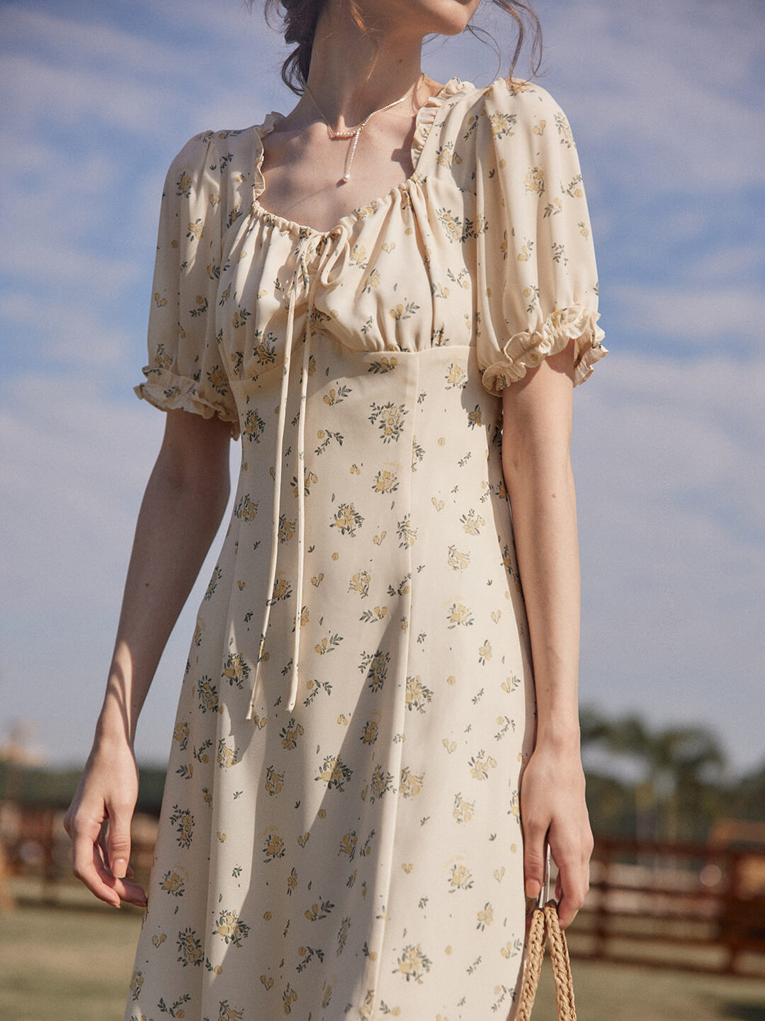 Magnolia Printed Floral Green Midi Dress/Simple Retro/11322