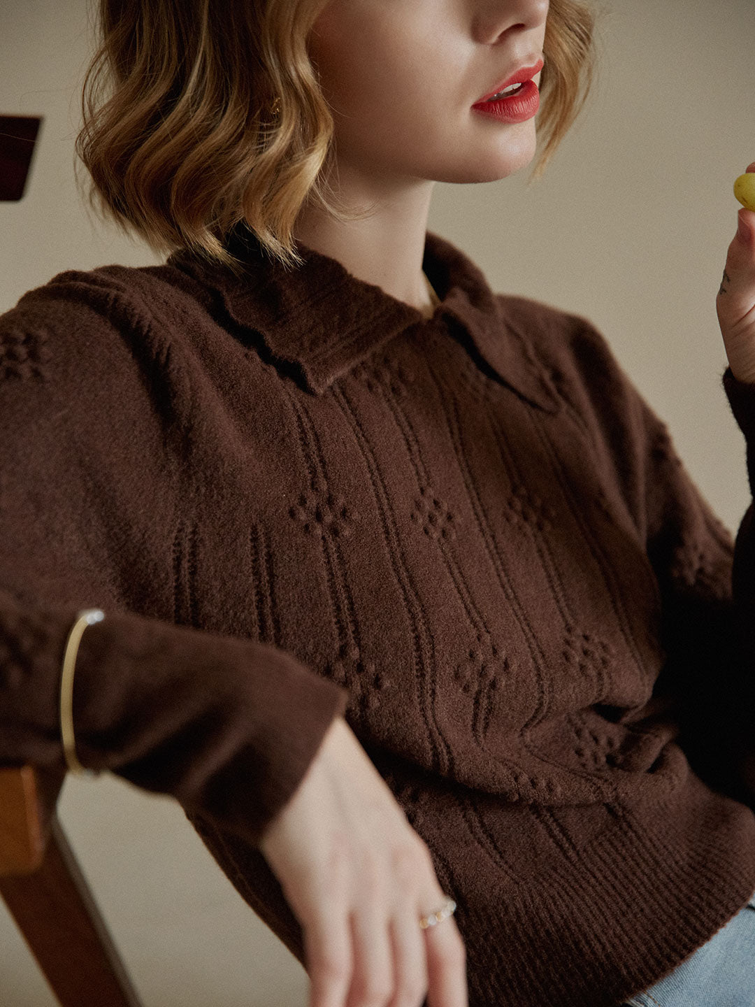 Jasmine Cable Polo Brown Knit Sweater