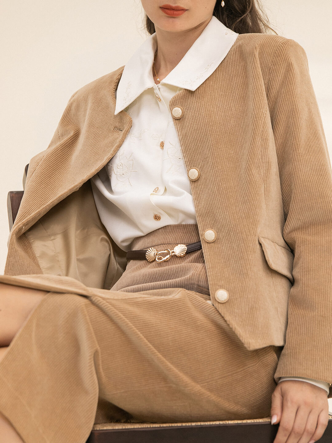Meg Vintage Khaki Corduroy Blazer/Simple Retro/11292