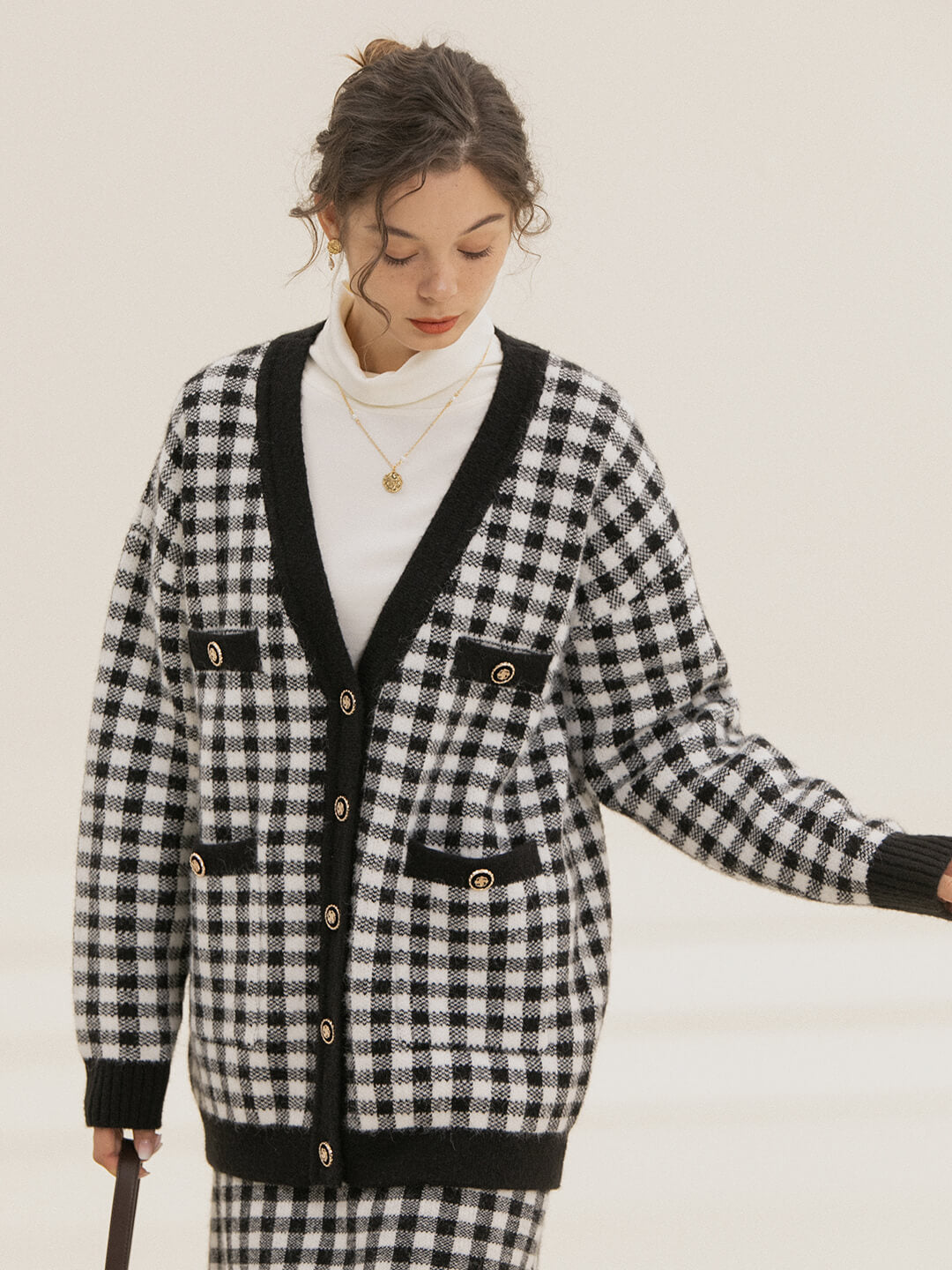 Ansley Checkerboard Knit Cardigan/Simple Retro/66014