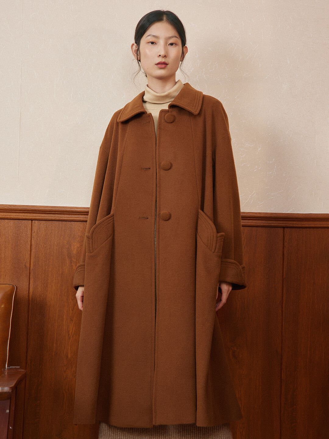 Bella Vintage 100% Wool Caramel Long Coat/Simple Retro/77007