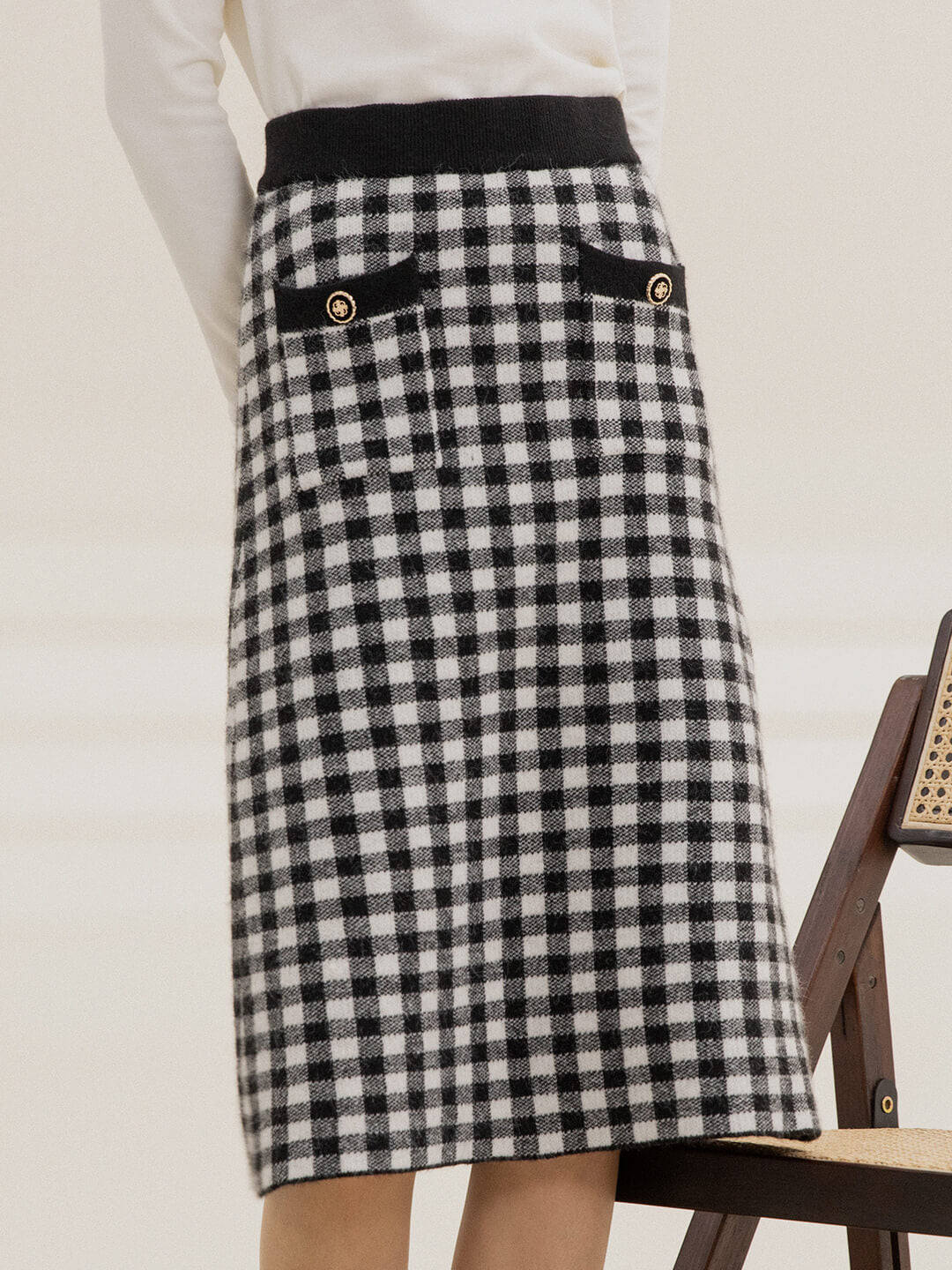 Ansley Checkerboard Black Midi Knitted Skirt/Simple Retro/66015