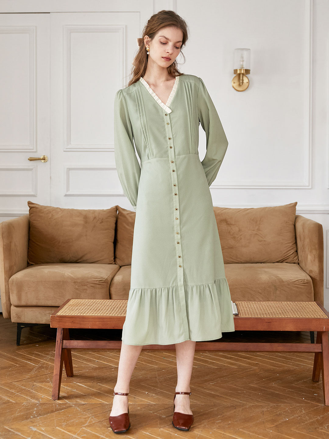 Adelyn V-Neck Polka Dot Green Midi Dress