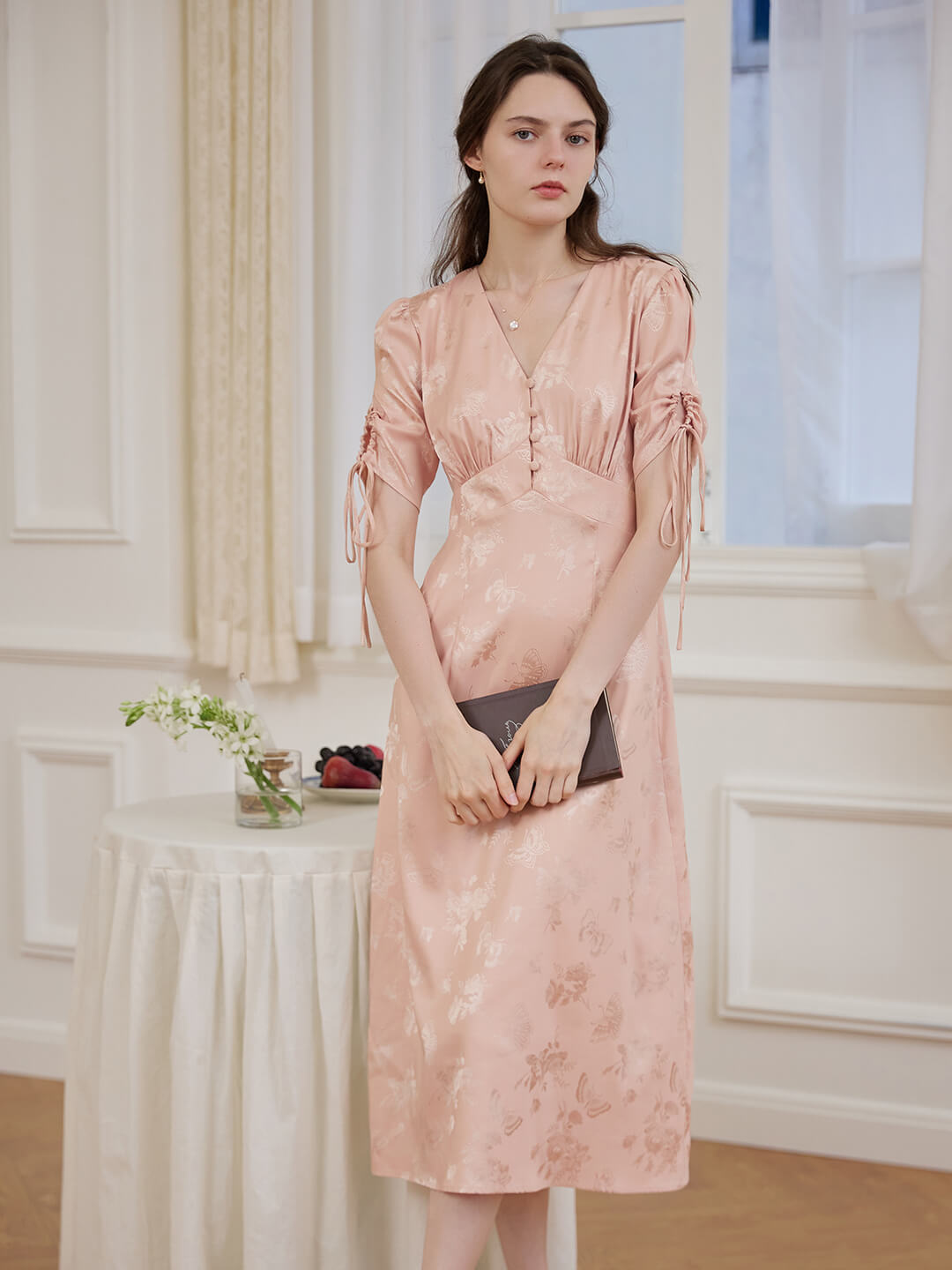 Kora Retro Floral Jacquard Pink Tea Length Dress/SIMPLE RETRO