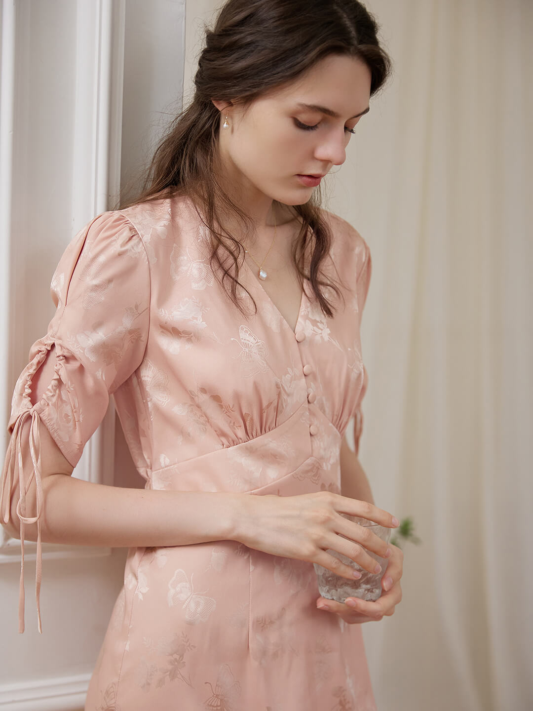 Kora Retro Floral Jacquard Pink Tea Length Dress/SIMPLE RETRO