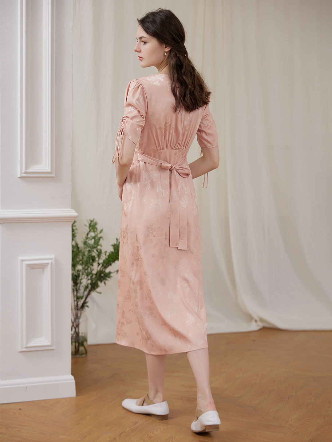 Kora Retro Floral Jacquard Pink Tea Length Dress/SIMPLE RETRO